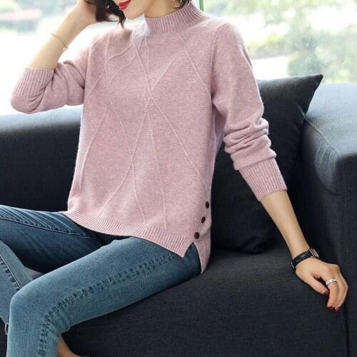 PEONFLY Pullovers Women Turtleneck Jumper Clothes Side Slit Loose Casual Knitted Female Streetwear Button Lattice Sweaters Tops
