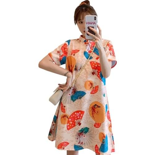 Plus Size M-4XL Fashion Trend Modern Party Cheongsam Dress for Women Summer Loose Short Sleeve Qipao Traditional Chinese Clothes
