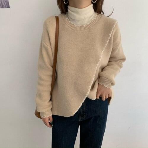 Soft Elegant Beige Sweater Winter Women Stylish Side Split High Stretch Kawaii Crew Collar Pullovers Solid Outwear Womens Outfit