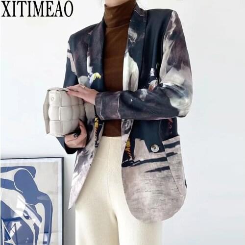 XITIMEAO Women 2021 Fashion Office Wear Retro Tie Dye Printed Suit Blazer Coat Vintage Pockets Female Outerwear Chic Tops