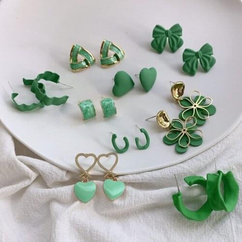 2021 Trend Heart Bows Circle Stud Earrings Unusual Small Green Color Flower Hoop Earring Women Vintage Geometric Hanging Earring
