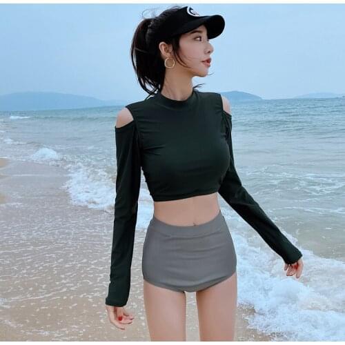 Rashguard Long Sleeve Swimsuit Womens Swimwear Female High Waist Abdomen Solid Swimwear For Women Surfing Swimsuit