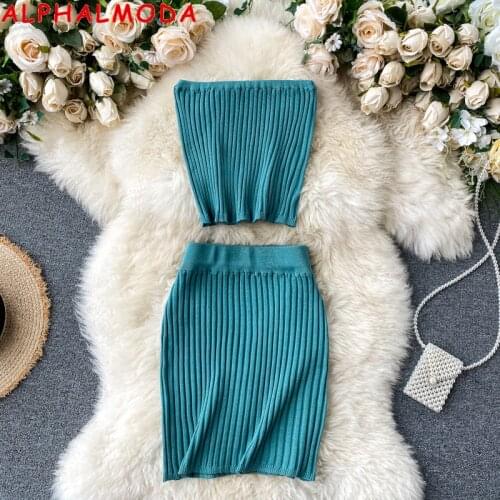 ALPHALMODA Knit Crop Top + Mini Skirt Suit Womens Retro Chic Summer Tube Top Sexy Short Skirt Knitted Two-Piece Set