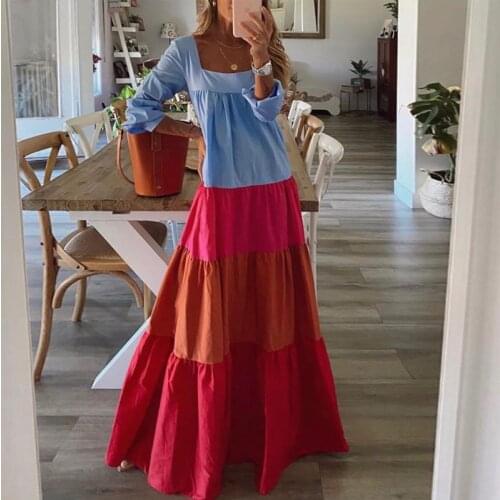 Women Retro Long Sleeve Patchwork Pleated Dress 2021 Spring Sexy Slash Neck Party Dress Autumn Loose Casual Dresses 2XL Vestidos