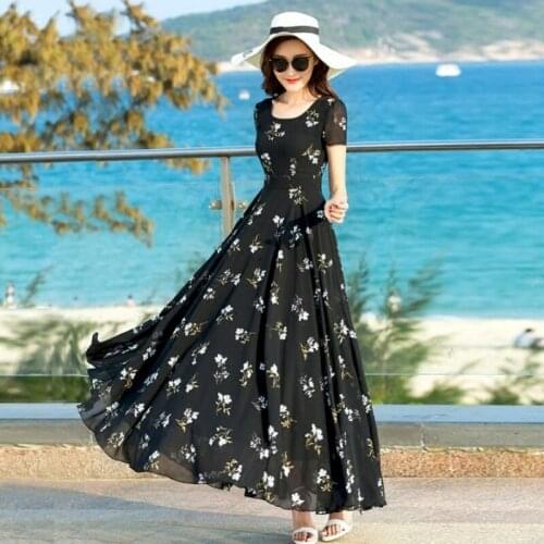 Floral Print Big Swing High Waist Short Sleeve Ankle-length A-line Chiffon Black Women Party Summer Long Dress