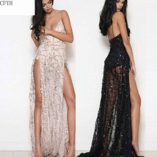 Women Sexy Sequined Vintage Spaghetti Strap Sleeveless Open Back High Side Split Party Maxi Dress