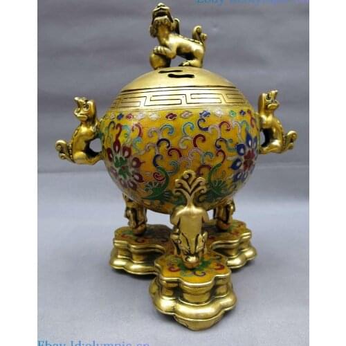10" China bronze gild Cloisonne censer ball Foo Dogs Lions incense burner Statue