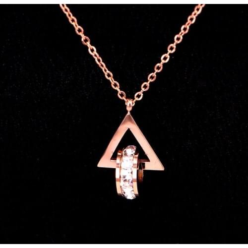 Stainless Steel Rose Gold Color Love Geometric Crystal Round clasped Pendant Necklaces Women Wedding Party Gift