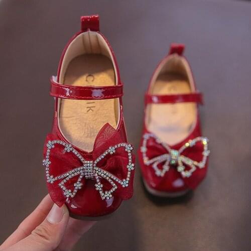 Baby Leather Shoes 2021 New Butterfly-knot Princess Shoes Fashion Girls Sweet for Party Chic Wedding Rhinestone Flats Non-slip