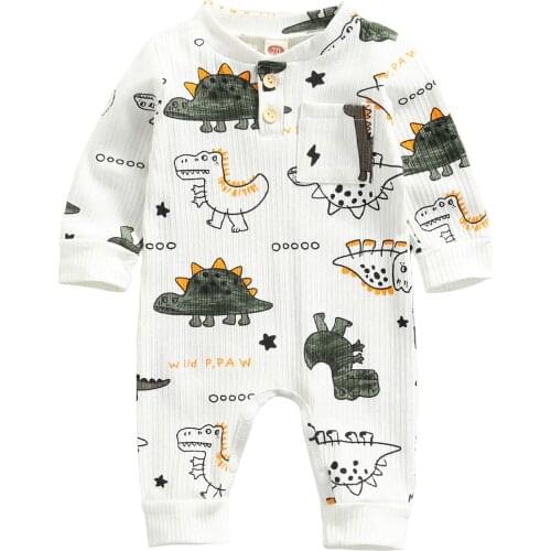 Children Casual Romper Dinosaur Printed Pattern Round Collar Long Sleeve Jumpsuit Autumn Spring Baby Boy Girls Rompers