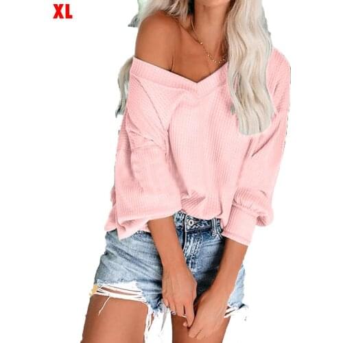 Women Off Shoulder T-shirt V-neck Long Sleeve Loose Knitwear Waffle T-shirt V-neck off-shoulder puff sleeve T-shirt top womens