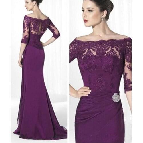 Custom purple Lace Mother Of The Bride Dresses half Sleeves mermaid Empire Waist Mother Of Groom Dress Chiffon Evening Gowns