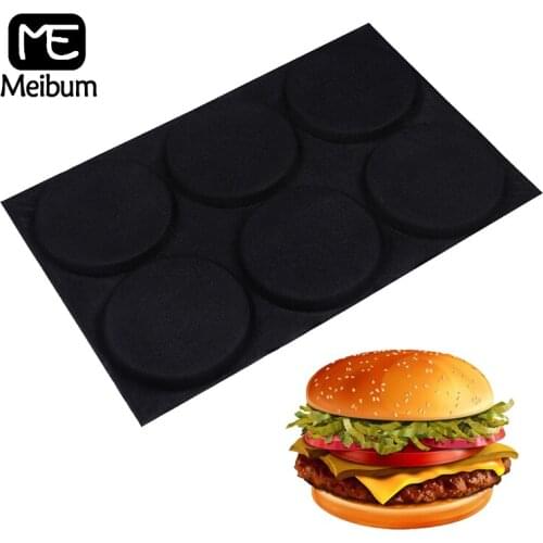 Meibum 6 Cavity Hamburger Round Bread Mold Black Glass Fiber Silicone Mould Bun Form Non Stick Bakeware Pastry Baking Tools