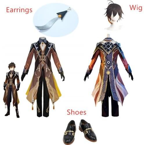 Game Genshin Impact Cosplay Zhongli Costume Zhong Li Role Play Halloween Party Performance Constumes for Men Women Wig Shoes