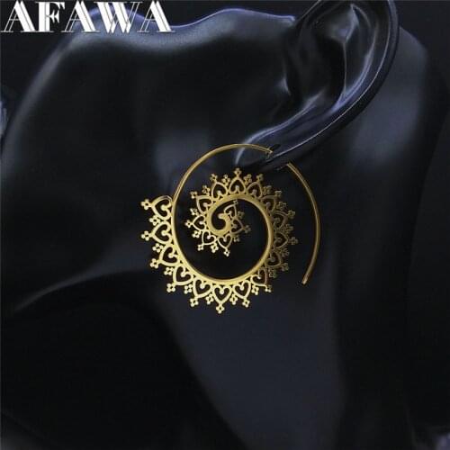 Indian Hoop Stainless Steel Mandala Openwork Flower Tribal Ethnic Earrings Gold Color Bohemian Earrings Women Jewelry E9204S01