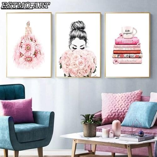 Pink Flowers Perfume Bottle Canvas Painting Nordic Posters Prints Book Cartoon Fashion Girl Abstract Wall Decoration Living Room