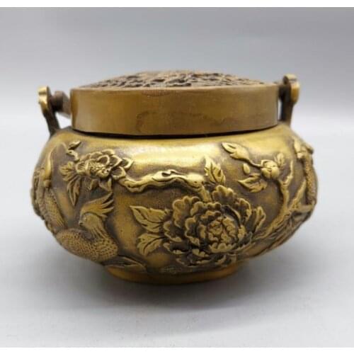 China brass phoenix peony incense burner crafts statue