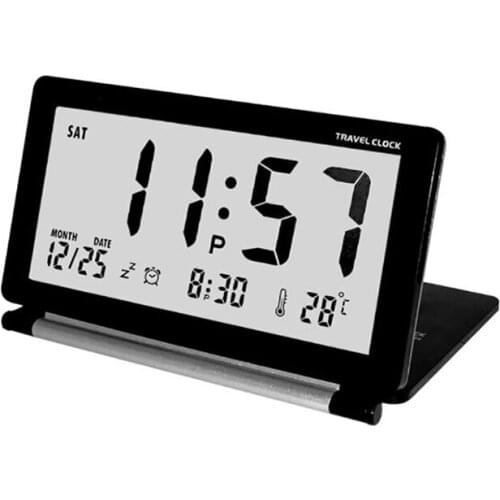 Compact Digital Travel Alarm Clock with Leather Protective Case, Snooze, Temperature, Calendar, 12/24 Hours, World Time Table