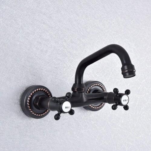 Dual Cross Handles Wall Mounted Oil Rubbed Bronze Bathroom Kitchen Basin Sink Swivel Faucet Mixer Tap Nsf743