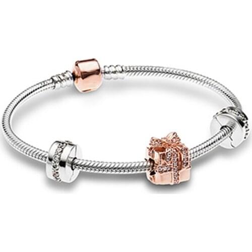 NEW Christmas Newest 925 Sterling Silver Sparkling Surprise Charm Fit Bracelets Rose & Clear CZ Women Gift DIY Jewelry