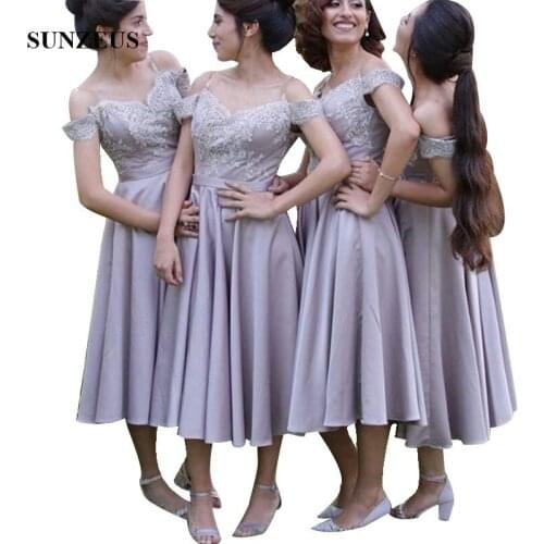 Bridesmaid Dresses Tea length A-line Sweetheart Off Shoulder Wedding Party Gowns Adult Appliques Women Dress vestido dama de hon