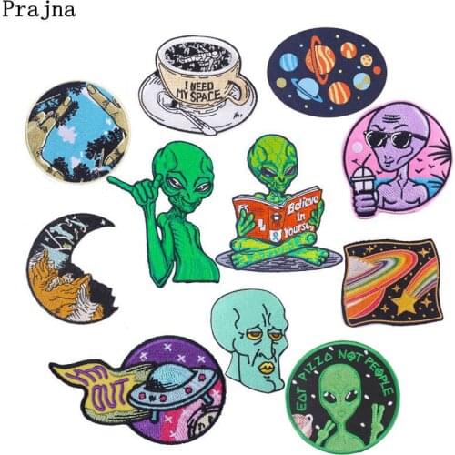 Prajna Space Alian Patch Embroidered Patches For Clothes UFO Badge Iron On Patches For Clothing Adventure Patch Sticker Applique