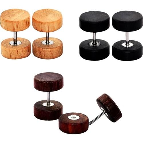 Fashion Wooden Ear Studs Earrings Natural Brown Black 8 10 12mm Punk Barbell Fake Ear Plugs Brincos For Men Women
