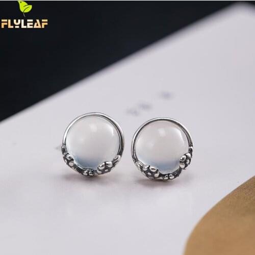 925 Sterling Silver White Agate Stud Earrings For Women Plum Blossom Vintage Jewelry Female Plum Blossom Earings Flyleaf New