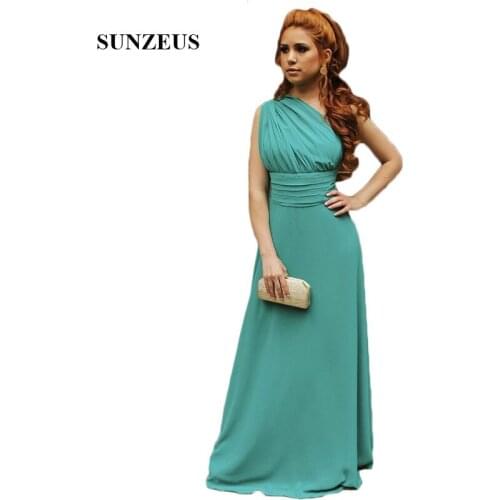 One Shoulder Chiffon Bridesmaid Dresses A-Line Emerald Green Maid of Honor Dresses Long Pleats Simple Prom Gowns SBD169