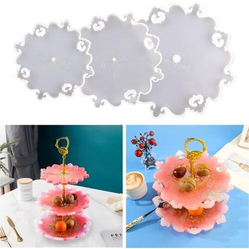 Silicone Resin Resin Tray Mold 3 Layers Fruits Tray Silicone Epoxy Casting Crystal Mould with Golden Stand Round Square Mold Set