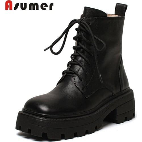 Asumer 2020 newest square toe genuine leather casual shoes women ankle boots thick bottom fashion vintage boots woman black