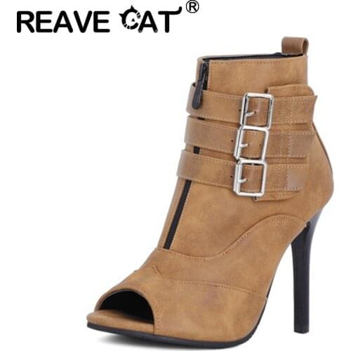 REAVE CAT 2021 Cool Ladies Ankle Boots Snake Print Open Toe Hook Loop Belt Buckle 11cm Strange Thin Cover Heel US17 Black A4339