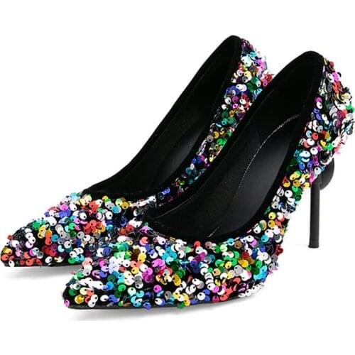 2020 Women 9cm Thin High Heels Pumps Sexy Glitter Leather Bright Pointed Toe Scarpins Female Stiletto Purple Blue Bling Shoes