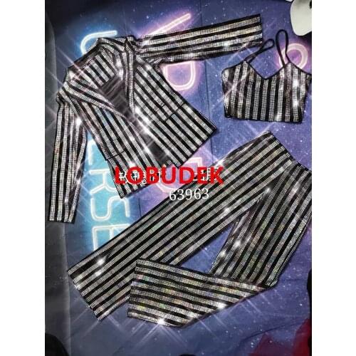 Female Bar Singer Performance Suit Set Silver Black Striped Rhinestones Bra Pants Jacket 3-Piece Outfit Nightclub Stage Costume