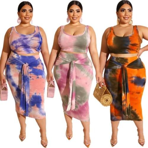 2020 XL--5XL Tie-dye Printed Women Skirt Sets Plus Size Outfits Summer Party Nightclub Top Sleeveless Lace up Bodycon Skirt