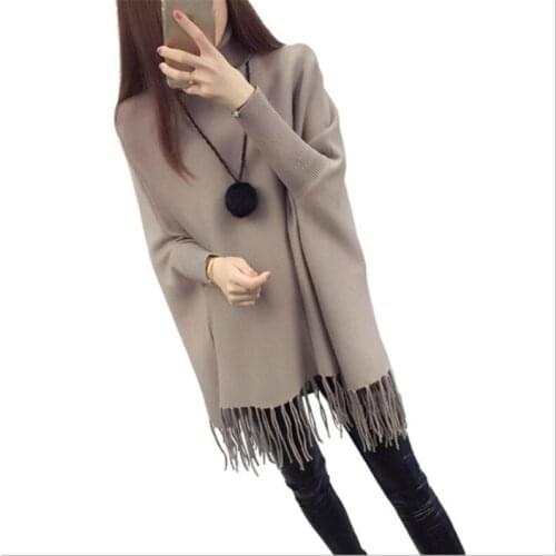 Winter Women Cloak Sweater 2019 New Design Autumn Turtleneck Knitted Female Tassles Batwing Sleeve Sweater Pullovers Mujer Q950