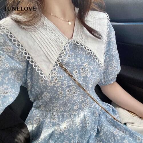 JuneLove Women Summer Short Sleeve Elegant A-line Dress Lady Vintage Ruffles Print Peter Pan Collar Dress Sweet Beach Vestidos