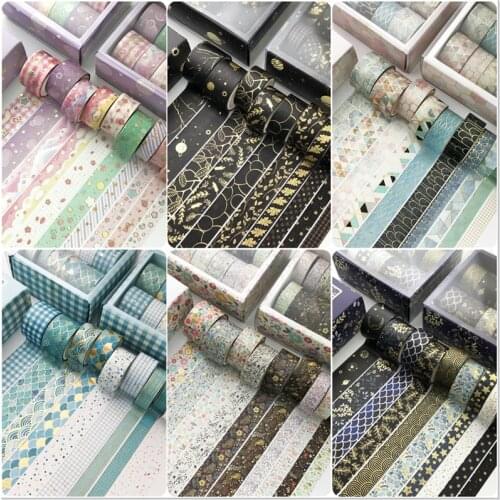 10pcs/Box Retro Plaid Black Gold Maca Color Masking Decorative Tape DIY Scrapbook Diary Washi Tape Office Supplies Stationery