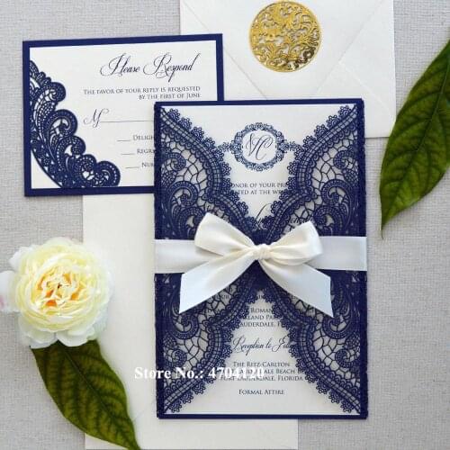 24 Color Lace Wedding Cards with Ivory Ribbon Navy Blue Laser Cut Sweet Sixteen Invitation Custom Printing Bridal Shower Invites