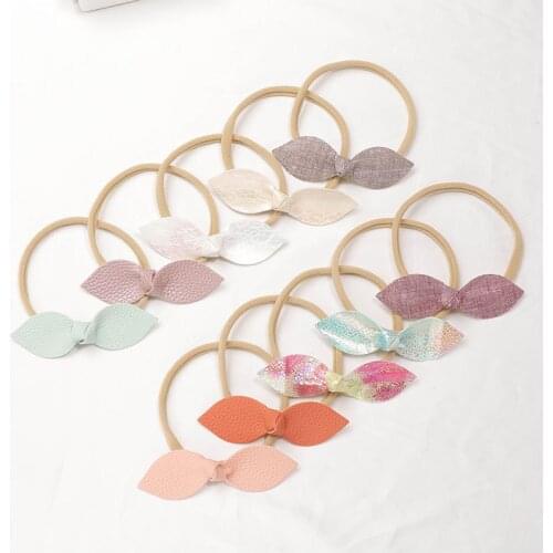 30 Pcs/Lot, 3.5" Synthetic Leather Knot bow Nylon headbands For Newborn Baby Birthday Party Gift Photo Props