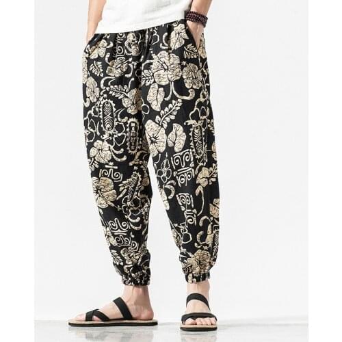 #8035 Summer Tie Dye Printed Cotton Linen Pants Men Elastic Waist Floral Casual Trousers Vintage Harem Pants Fashion Joggers 5XL