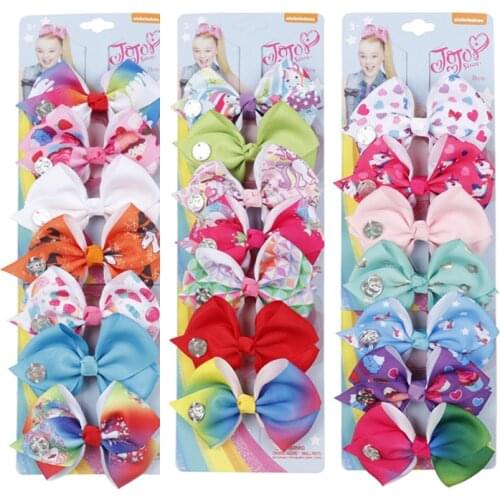 7Pcs/set 3.5" Jojo Siwa Unicorn Hair Bows With Clips Handmade Printed Rainbow Knot Ribbon Bow For Girls Kids Hair Accessories