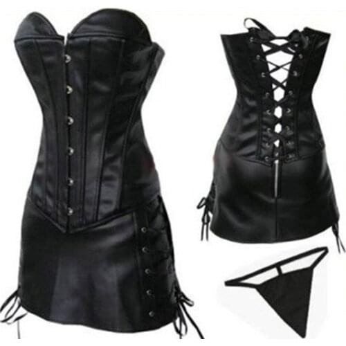 Black Red Faux Leather Corset Dress Bustier Corset Top Sexy Gothic Vamp Halloween Costume Dancer Overbust Corset With Skirt Set