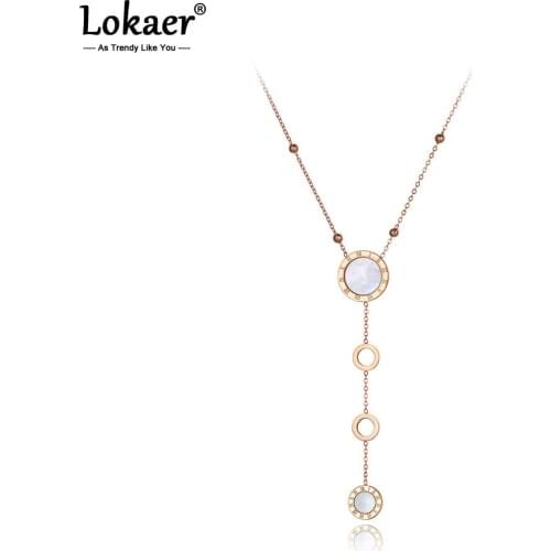 Lokaer Titanium Stainless Steel White Shell Roman Numerals Choker Necklaces For Women Girls Trendy Charm Pendant Necklace N19196