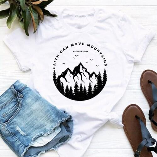 100% Cotton Faith Can Move Mountains T-shirt Aesthetic Summer Camping Tops Tees Vintage Women Christian Bible Verse Tshirt