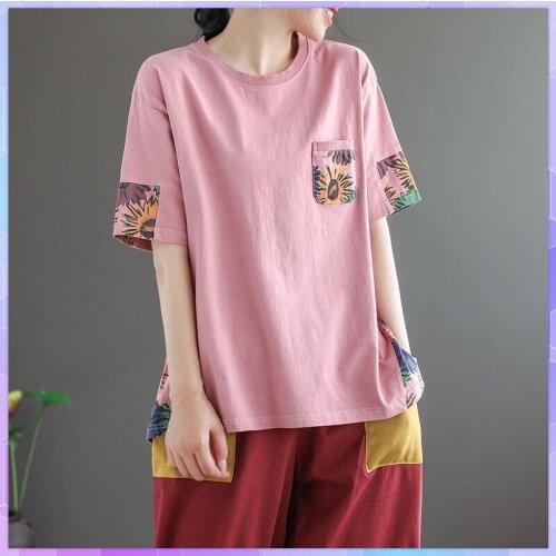 4XL Plus Size Floral Print Oversized Cotton T-shirt Womens Tee Shirt O-Neck Short-Sleeve Tops Loose Large Size Shirt Top Female