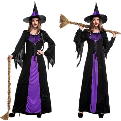 Halloween Witch Vampire Costumes for Women Adult Scary Purple Carnival Party Performance Drama Masquerade Clothing with Hat