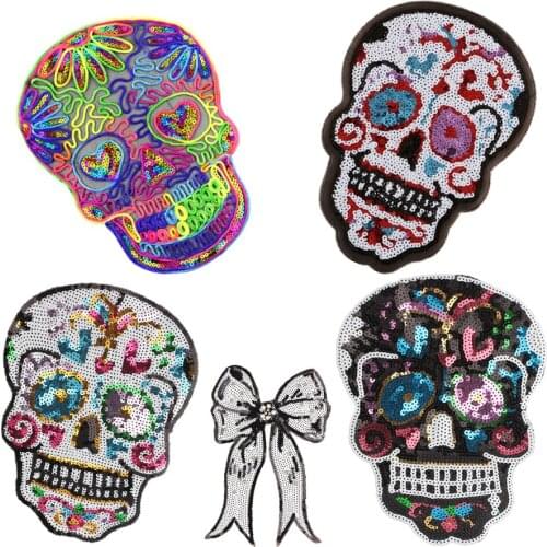 Hot Big Skull Patches Shine Sequin 3D Sticker Stickers wing Rose Embroidery Motif Applique Garment Kids Women DIY Clothes Badge