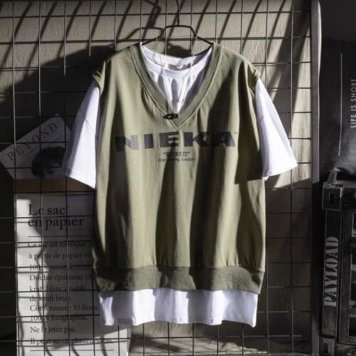 European and American hip-hop T-shirt mens short-sleeved T-shirt loose fake two-piece splicing top student T-shirt