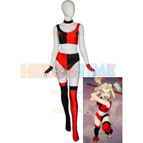 Newest Female Clown Superhero Cosplay Costume Halloween Sexy New 52 Harleen Quinzel zentai Bodysuit for Women Girls